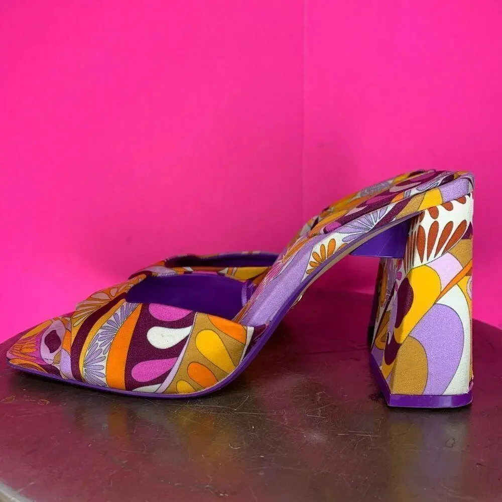 Zara Orange Purple Swirly Retro Print Slip-On Heeled Sandals US 6.5 - Picture 3 of 6